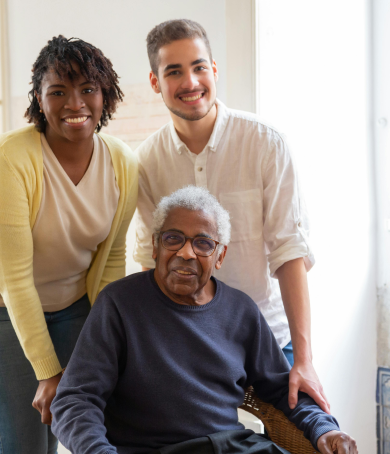 Three diverse, smiling people posing together in a room, promoting a vibrant community, with an icon emphasizing teamwork and connectivity